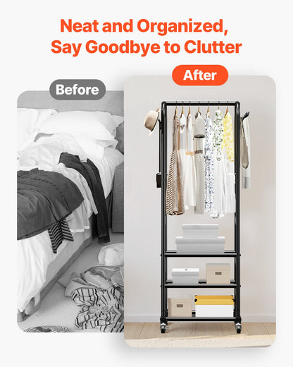 Clothes Rack, Rolling Clothing Garment Rack with Hanging Rod and Side Hooks, 3 Storage Shelves, 45 kg Load Capacity, Heavy Duty Carbon Steel Clothing Racks for Bedroom, Laundry, Living Room