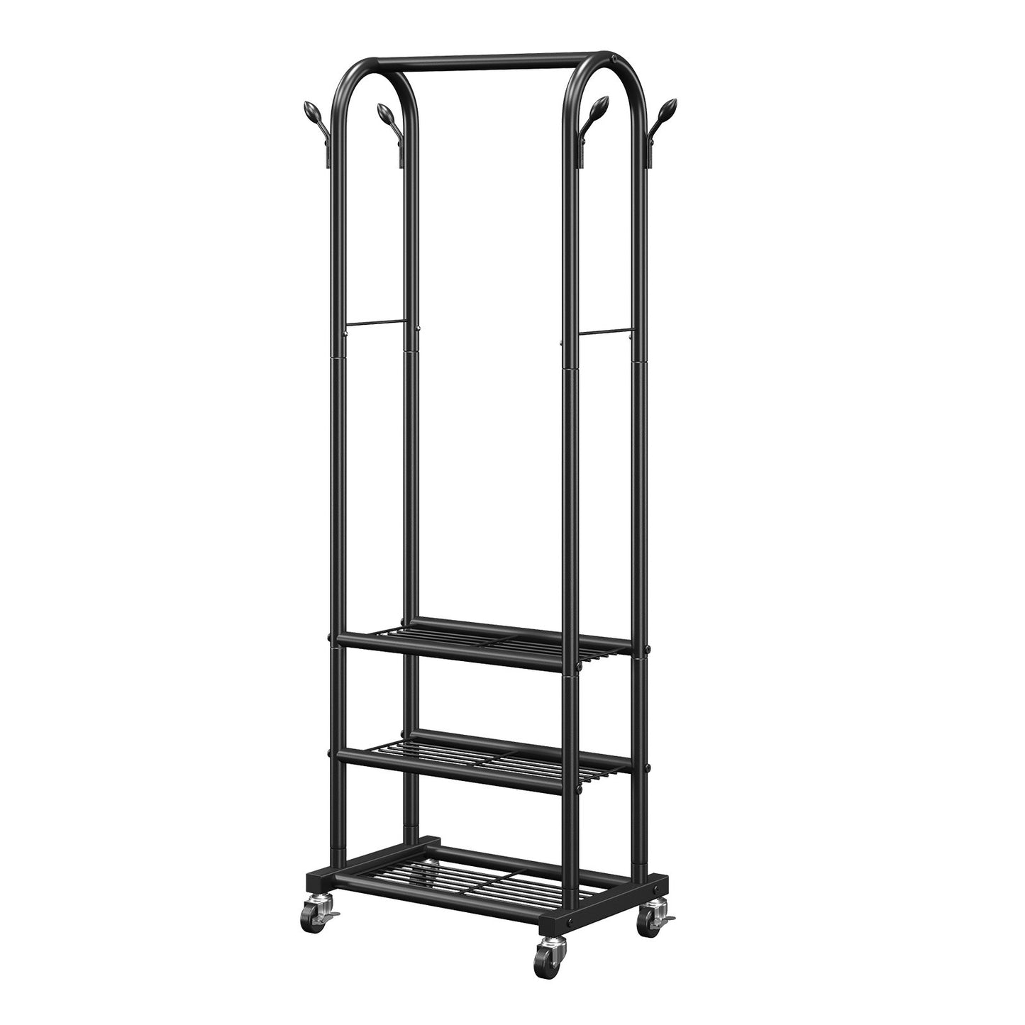 Clothes Rack, Rolling Clothing Garment Rack with Hanging Rod and Side Hooks, 3 Storage Shelves, 45 kg Load Capacity, Heavy Duty Carbon Steel Clothing Racks for Bedroom, Laundry, Living Room
