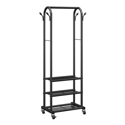 Clothes Rack, Rolling Clothing Garment Rack with Hanging Rod and Side Hooks, 3 Storage Shelves, 45 kg Load Capacity, Heavy Duty Carbon Steel Clothing Racks for Bedroom, Laundry, Living Room