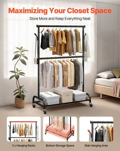 Clothes Rack, Rolling Clothing Garment Rack with Adjustable Crossbar and Side Hooks, 68 kg Load Capacity, Heavy Duty Carbon Steel Clothing Racks with Wheels for Bedroom, Laundry, Living Room