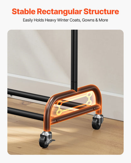 Clothes Rack, Rolling Clothing Garment Rack with Adjustable Crossbar and Side Hooks, 68 kg Load Capacity, Heavy Duty Carbon Steel Clothing Racks with Wheels for Bedroom, Laundry, Living Room