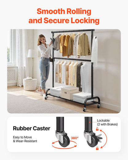 Clothes Rack, Rolling Clothing Garment Rack with Adjustable Crossbar and Side Hooks, 68 kg Load Capacity, Heavy Duty Carbon Steel Clothing Racks with Wheels for Bedroom, Laundry, Living Room