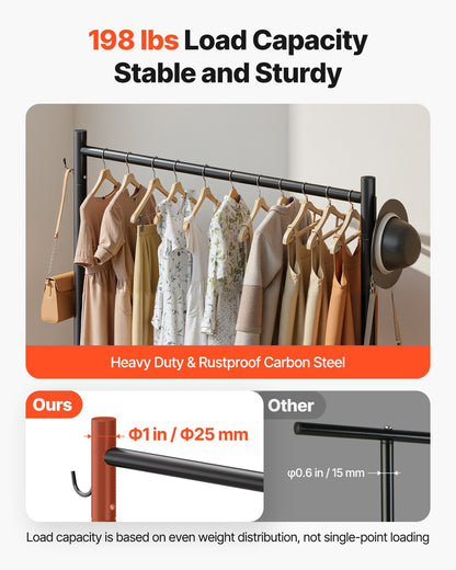 Clothes Rack, Rolling Clothing Garment Rack with Hanging Rod and Side Hooks, 90 kg Load Capacity, Heavy Duty Carbon Steel Clothing Racks with Wheels, Ideal for Bedroom, Laundry, Living Room