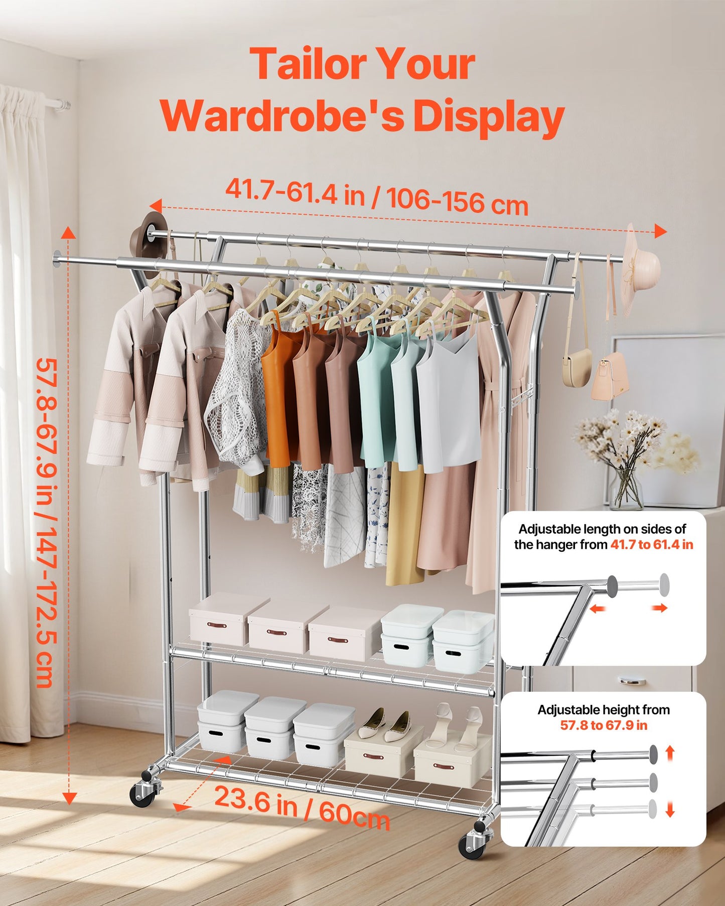 Clothes Rack, Rolling Clothing Garment Rack with 2 Hanging Rods and 2 Storage Shelves, 120 kg Load Capacity, Adjustable Height Carbon Steel Clothing Racks for Bedroom, Laundry, Living Room