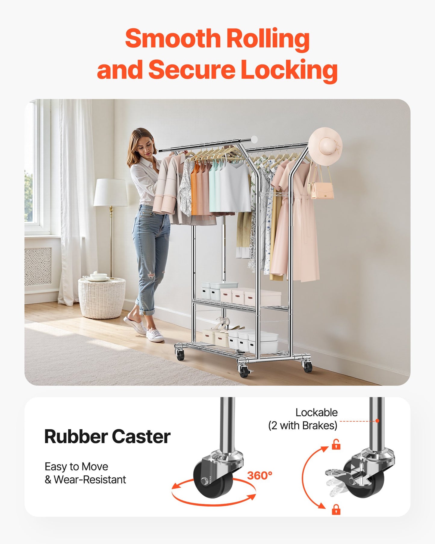 Clothes Rack, Rolling Clothing Garment Rack with 2 Hanging Rods and 2 Storage Shelves, 120 kg Load Capacity, Adjustable Height Carbon Steel Clothing Racks for Bedroom, Laundry, Living Room