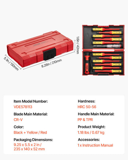 Isolerad skruvmejselsats, 13-delars professionell elektrisk skruvmejselsats, 1000V isolerad elektrikerverktygssats, med magnetiska Phillips-spetsar med spår och Pozi Torx-spetsar, skruvmejslar, för elektriker