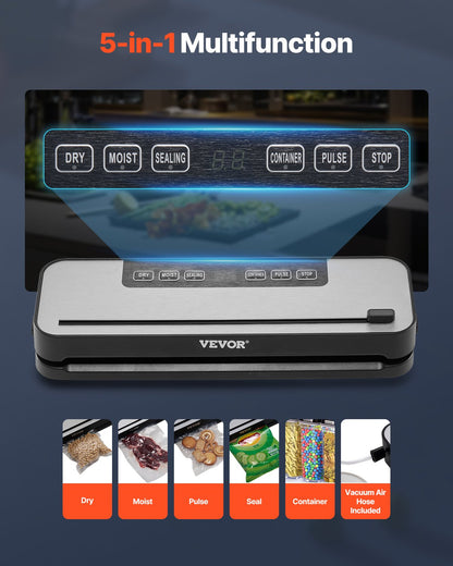 Vacuum Sealer Machine, 60Kpa 100W Powerful Food Sealer, 5-in-1 Multi-Functional Food Vacuum Sealer, Automatic Air Sealing System with Built-in Cutter, 10 Vacuum Bags, Compact Design