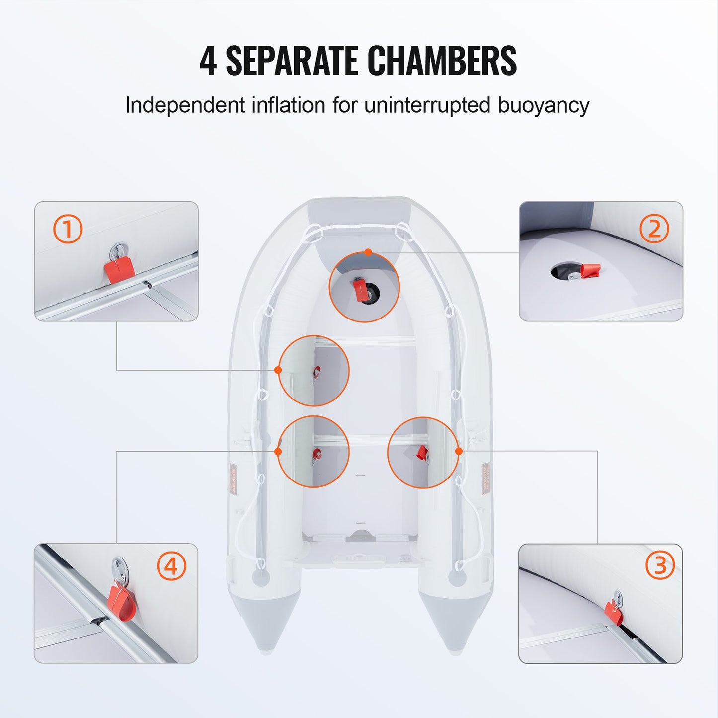 Uppblåsbar jolle, akterspegelsbåt för fyra personer, med marint trägolv och justerbar aluminiumbänk, uppblåsbar fiskebåtsflotte på 450 kg, åror i aluminium, luftpump och bärväska