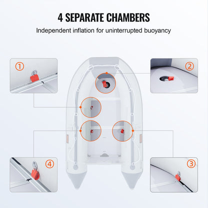 Uppblåsbar jolle, akterspegelsbåt för fyra personer, med marint trägolv och justerbar aluminiumbänk, uppblåsbar fiskebåtsflotte på 450 kg, åror i aluminium, luftpump och bärväska