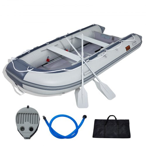 Inflatable Dinghy Boat, 6-Person Transom Sport Tender Boat, with Marine Wood Floor and Adjustable Aluminum Bench, 1500 lbs Inflatable Fishing Boat Raft, Aluminum Oars, Air Pump, and Carry Bag