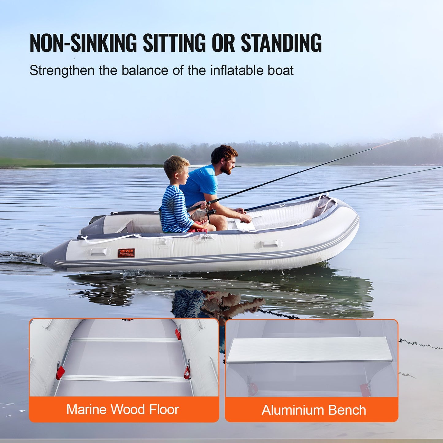 Inflatable Dinghy Boat, 6-Person Transom Sport Tender Boat, with Marine Wood Floor and Adjustable Aluminum Bench, 1500 lbs Inflatable Fishing Boat Raft, Aluminum Oars, Air Pump, and Carry Bag