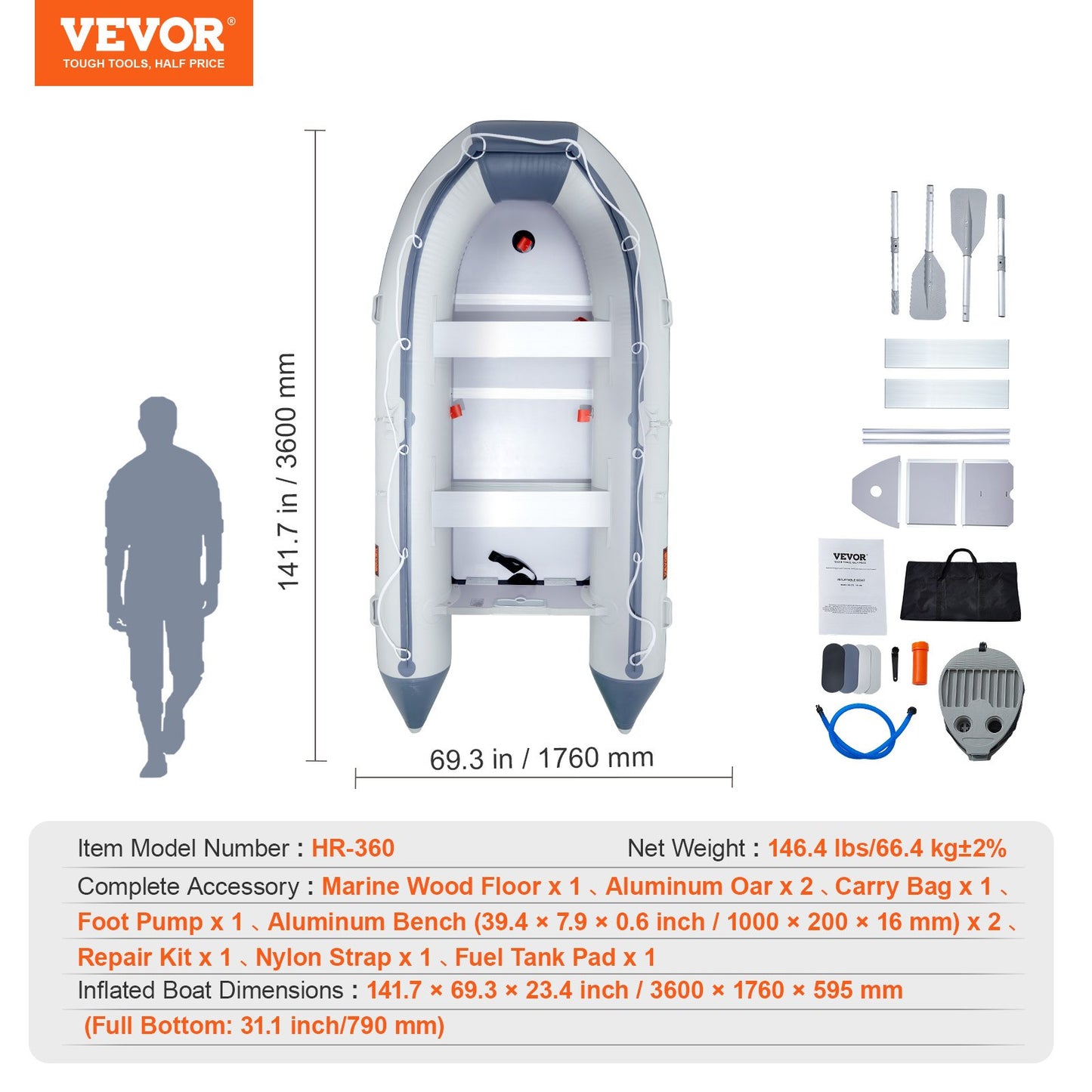 Inflatable Dinghy Boat, 6-Person Transom Sport Tender Boat, with Marine Wood Floor and Adjustable Aluminum Bench, 1500 lbs Inflatable Fishing Boat Raft, Aluminum Oars, Air Pump, and Carry Bag