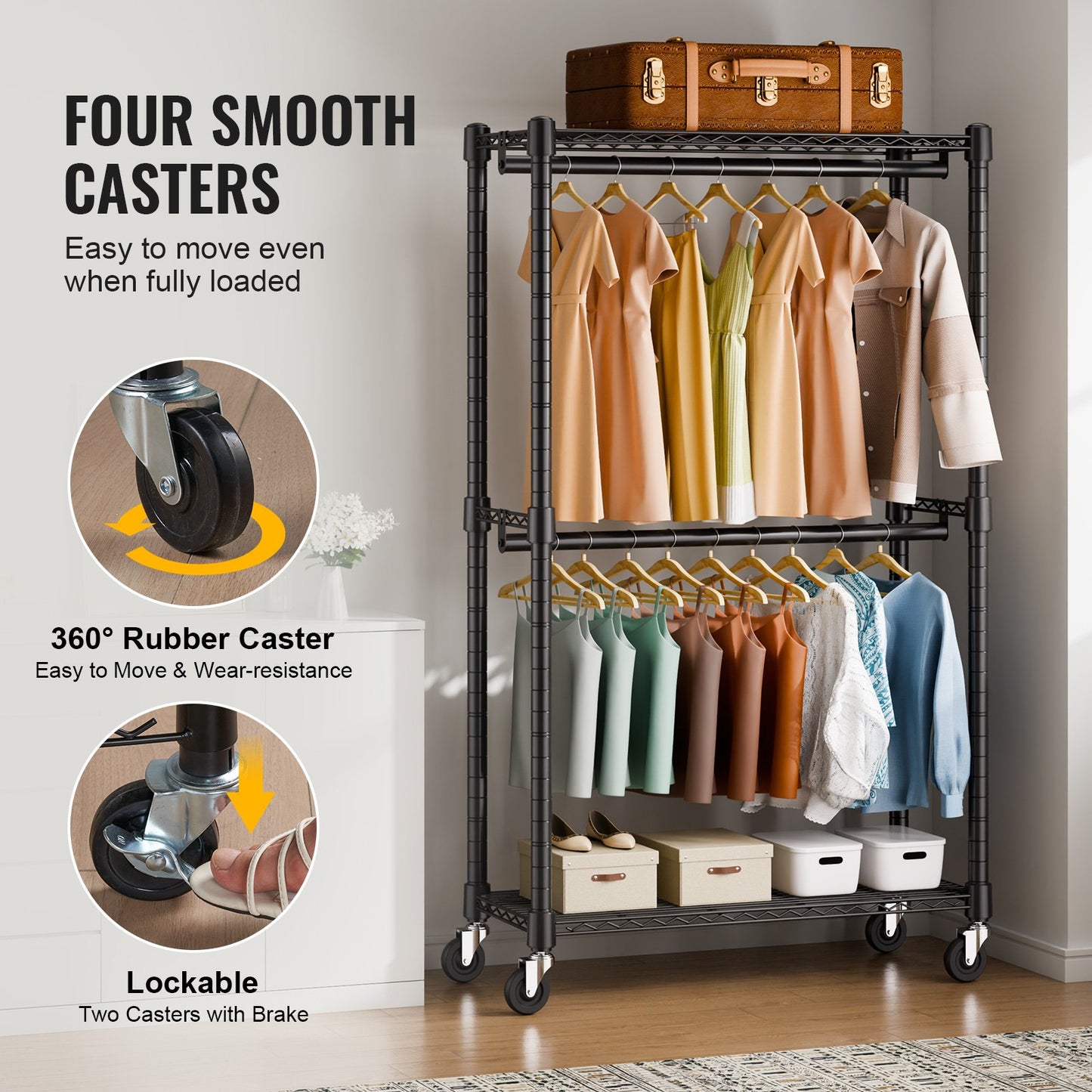 Kraftig klädställning, dubbla hängstänger klädställ med förvaringsnivå i botten och överkant, rullande klädställning för att hänga kläder, 2,5 cm diameter förtjockad stålrör, bär upp till 136,1 kg
