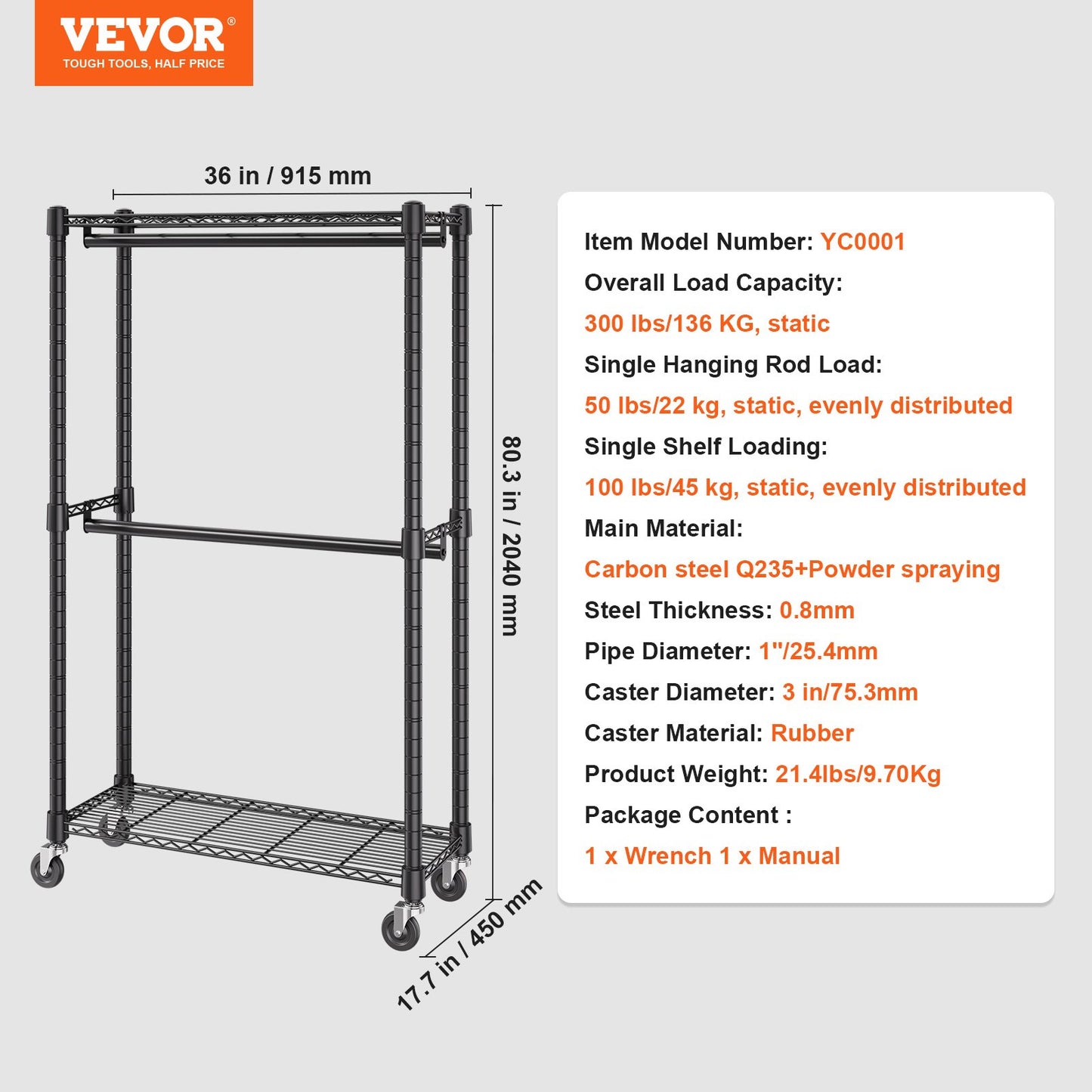 Kraftig klädställning, dubbla hängstänger klädställ med förvaringsnivå i botten och överkant, rullande klädställning för att hänga kläder, 2,5 cm diameter förtjockad stålrör, bär upp till 136,1 kg