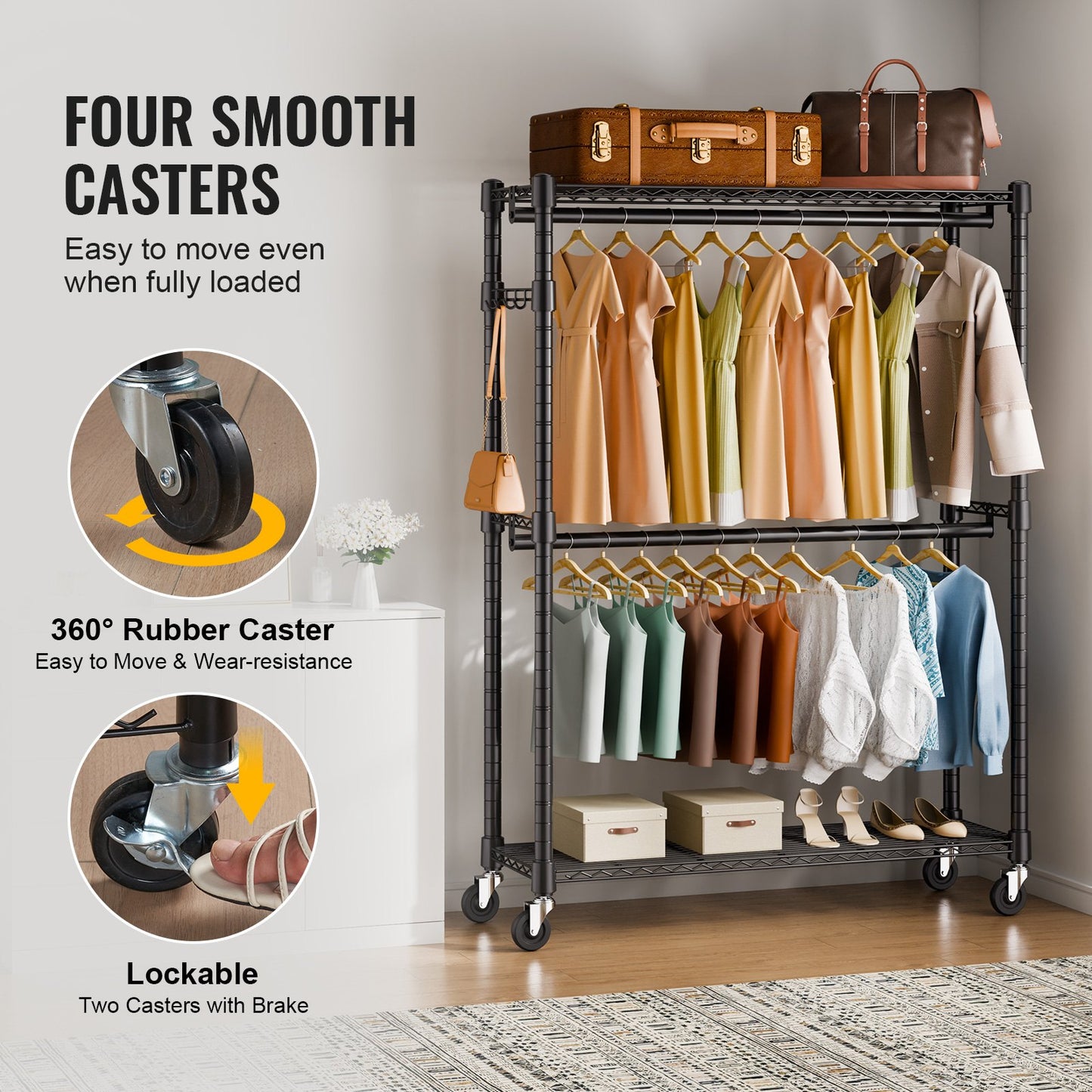 Kraftig klädställning, rullande klädställning med 3 förvaringsnivåer, 2 stänger och 2 par sidokrokar, justerbar höjd för klädhängare, 180 kg lastkapacitet