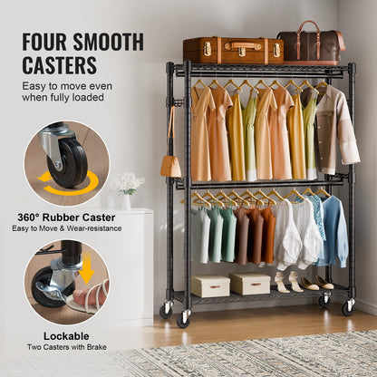 Kraftig klädställning, rullande klädställning med 3 förvaringsnivåer, 2 stänger och 2 par sidokrokar, justerbar höjd för klädhängare, 180 kg lastkapacitet