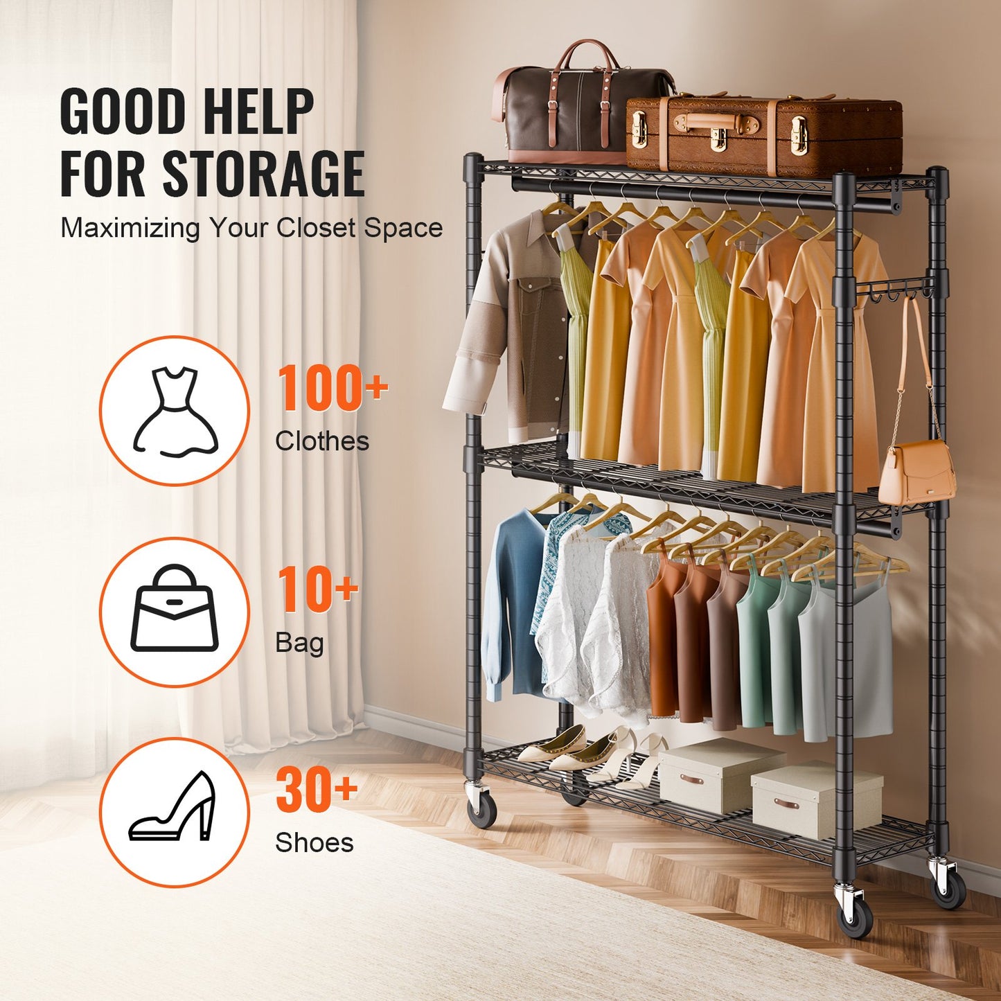 Kraftig klädställning, rullande klädställning med 3 förvaringsnivåer, 2 stänger och 2 par sidokrokar, justerbar höjd för klädhängare, 180 kg lastkapacitet