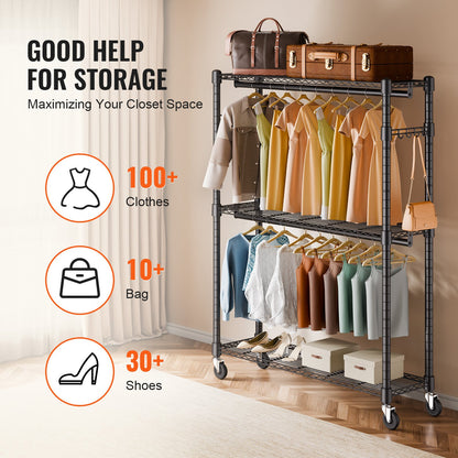 Kraftig klädställning, rullande klädställning med 3 förvaringsnivåer, 2 stänger och 2 par sidokrokar, justerbar höjd för klädhängare, 180 kg lastkapacitet