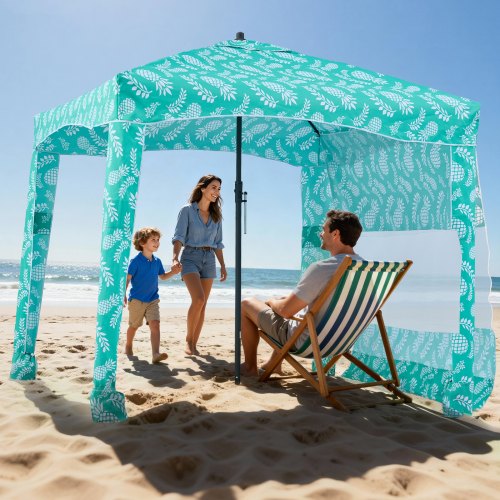 Beach Cabana, 1.83 x 1.83 m Beach Canopy with Side Wall, UPF 50+ Protection Easy Setup Cabana Tent with Sand Pockets, Large Portable Shade Sun Shelter Outdoor Umbrella for Whole Family & Friends