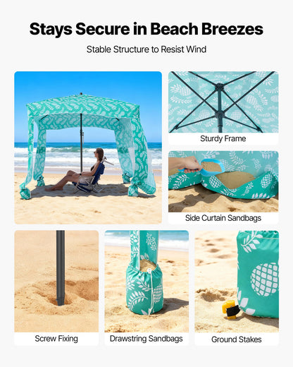 Beach Cabana, 1.83 x 1.83 m Beach Canopy with Side Wall, UPF 50+ Protection Easy Setup Cabana Tent with Sand Pockets, Large Portable Shade Sun Shelter Outdoor Umbrella for Whole Family & Friends