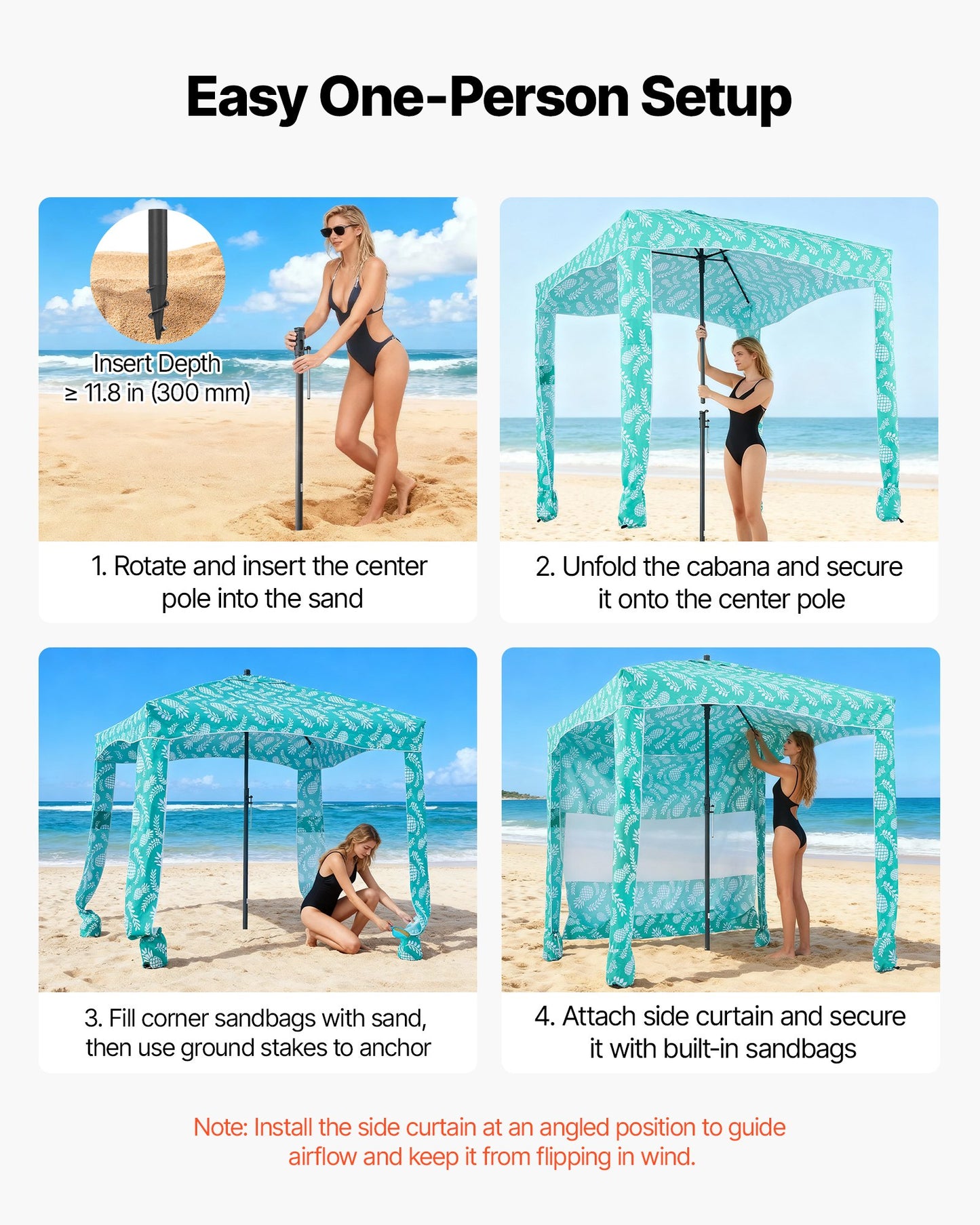 Beach Cabana, 1.83 x 1.83 m Beach Canopy with Side Wall, UPF 50+ Protection Easy Setup Cabana Tent with Sand Pockets, Large Portable Shade Sun Shelter Outdoor Umbrella for Whole Family & Friends