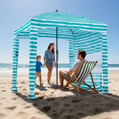 Beach Cabana, 1.83 x 1.83 m Beach Canopy with Side Wall, UPF 50+ Protection Easy Setup Cabana Tent with Sand Pockets, Portable Shade Sun Shelter Umbrella for Whole Family Friends, Green Stripes