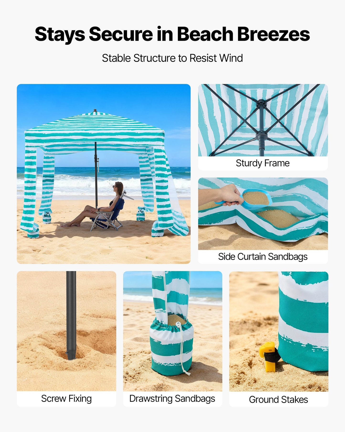 Beach Cabana, 1.83 x 1.83 m Beach Canopy with Side Wall, UPF 50+ Protection Easy Setup Cabana Tent with Sand Pockets, Portable Shade Sun Shelter Umbrella for Whole Family Friends, Green Stripes