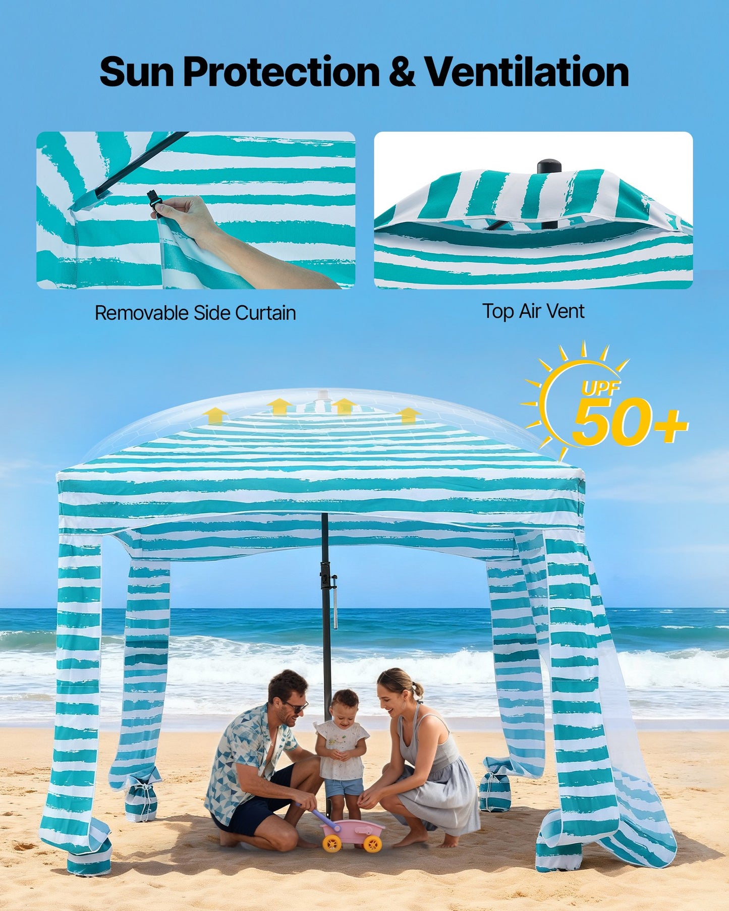 Beach Cabana, 1.83 x 1.83 m Beach Canopy with Side Wall, UPF 50+ Protection Easy Setup Cabana Tent with Sand Pockets, Portable Shade Sun Shelter Umbrella for Whole Family Friends, Green Stripes
