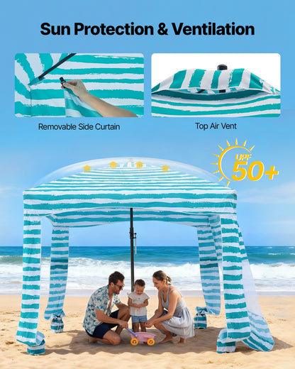 Beach Cabana, 1.83 x 1.83 m Beach Canopy with Side Wall, UPF 50+ Protection Easy Setup Cabana Tent with Sand Pockets, Portable Shade Sun Shelter Umbrella for Whole Family Friends, Green Stripes