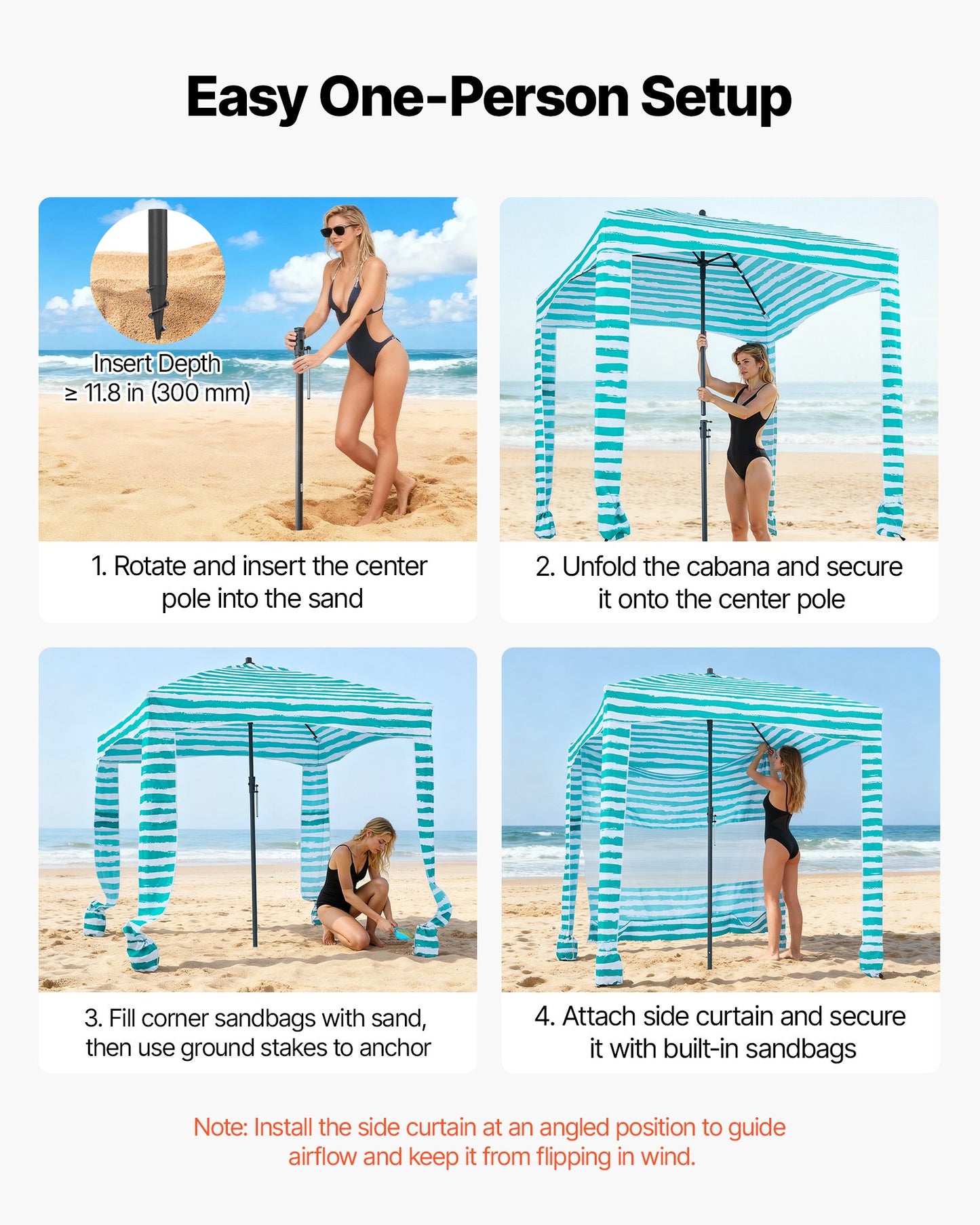 Beach Cabana, 1.83 x 1.83 m Beach Canopy with Side Wall, UPF 50+ Protection Easy Setup Cabana Tent with Sand Pockets, Portable Shade Sun Shelter Umbrella for Whole Family Friends, Green Stripes