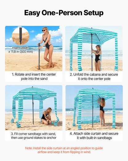 Beach Cabana, 1.83 x 1.83 m Beach Canopy with Side Wall, UPF 50+ Protection Easy Setup Cabana Tent with Sand Pockets, Portable Shade Sun Shelter Umbrella for Whole Family Friends, Green Stripes