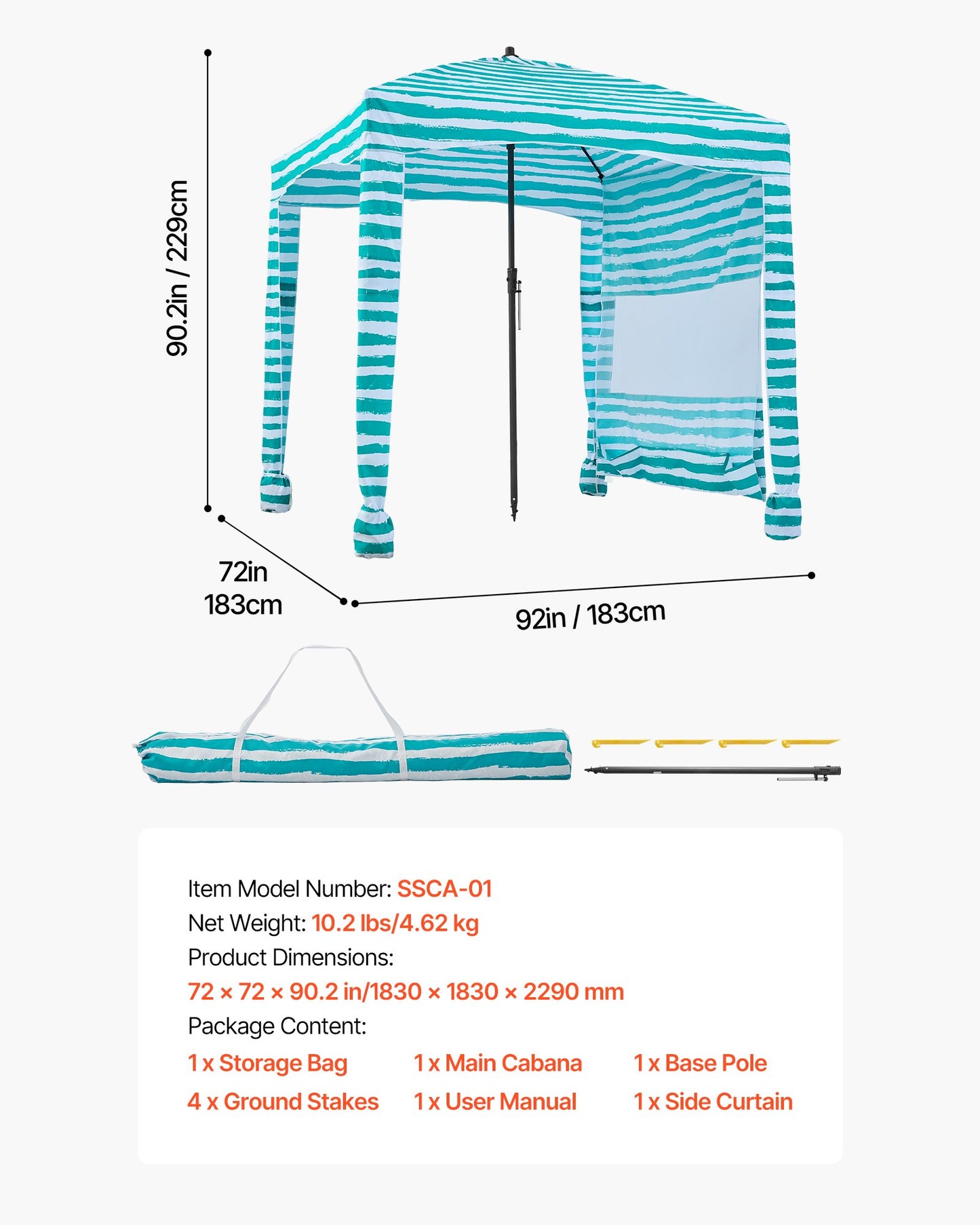Beach Cabana, 1.83 x 1.83 m Beach Canopy with Side Wall, UPF 50+ Protection Easy Setup Cabana Tent with Sand Pockets, Portable Shade Sun Shelter Umbrella for Whole Family Friends, Green Stripes