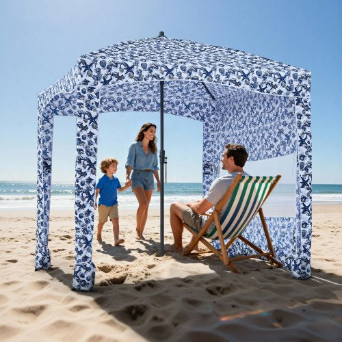 Beach Cabana, 1.83 x 1.83 m Beach Canopy with Side Wall, UPF 50+ Protection Easy Setup Cabana Tent with Sand Pockets, Large Outdoor Portable Shade, Sun Shelter Umbrella for Whole Family Friends