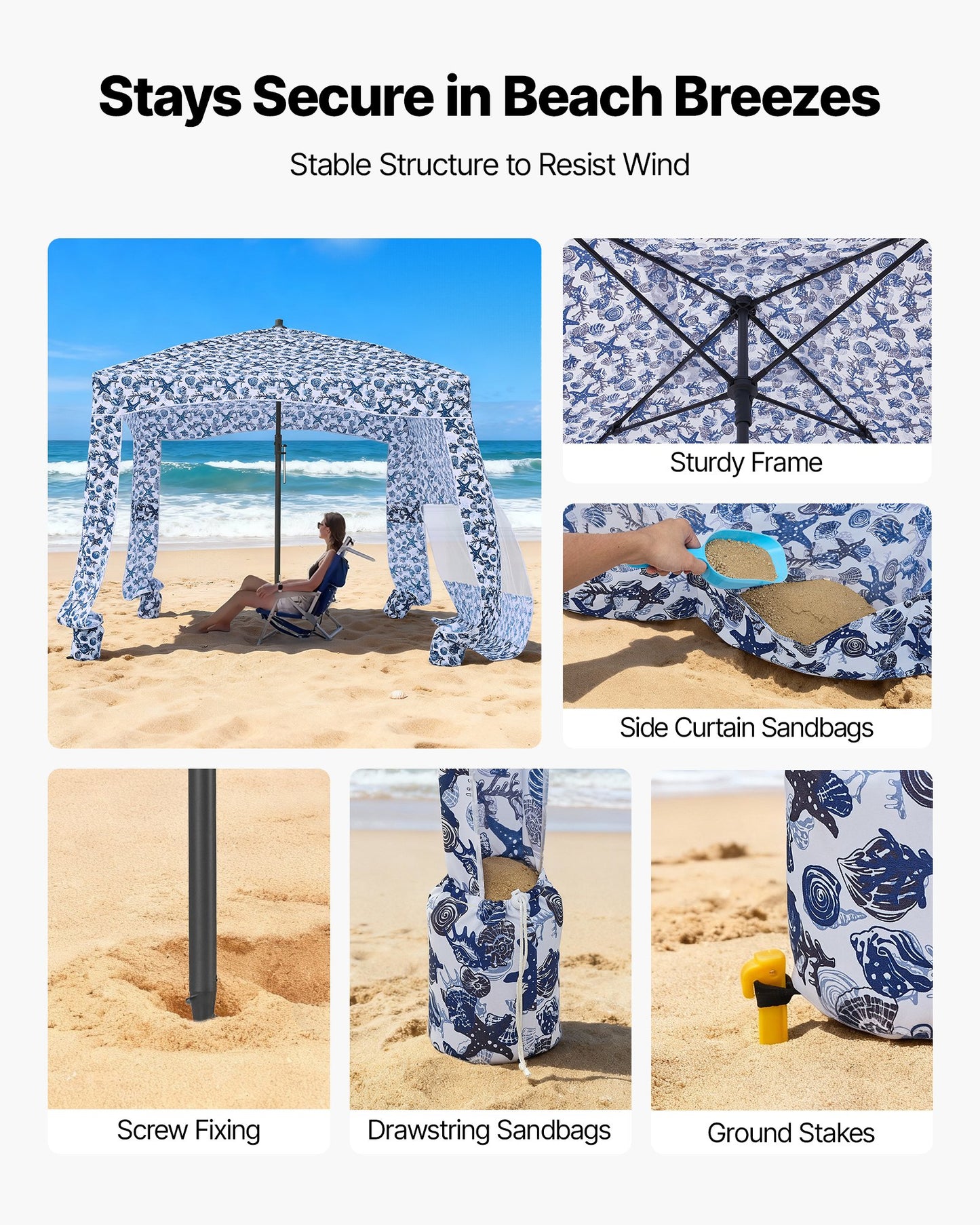Beach Cabana, 1.83 x 1.83 m Beach Canopy with Side Wall, UPF 50+ Protection Easy Setup Cabana Tent with Sand Pockets, Large Outdoor Portable Shade, Sun Shelter Umbrella for Whole Family Friends