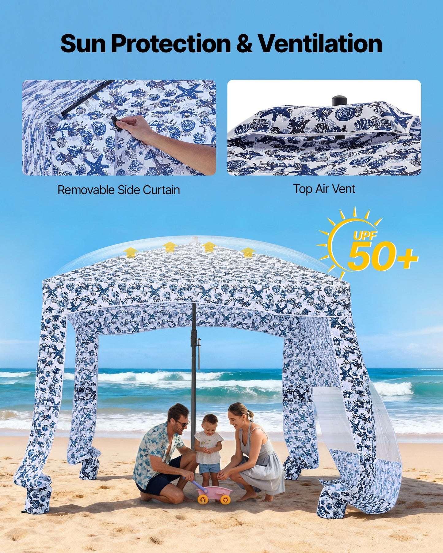 Beach Cabana, 1.83 x 1.83 m Beach Canopy with Side Wall, UPF 50+ Protection Easy Setup Cabana Tent with Sand Pockets, Large Outdoor Portable Shade, Sun Shelter Umbrella for Whole Family Friends