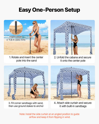 Beach Cabana, 1.83 x 1.83 m Beach Canopy with Side Wall, UPF 50+ Protection Easy Setup Cabana Tent with Sand Pockets, Large Outdoor Portable Shade, Sun Shelter Umbrella for Whole Family Friends