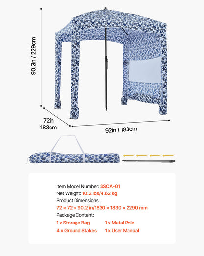 Beach Cabana, 1.83 x 1.83 m Beach Canopy with Side Wall, UPF 50+ Protection Easy Setup Cabana Tent with Sand Pockets, Large Outdoor Portable Shade, Sun Shelter Umbrella for Whole Family Friends