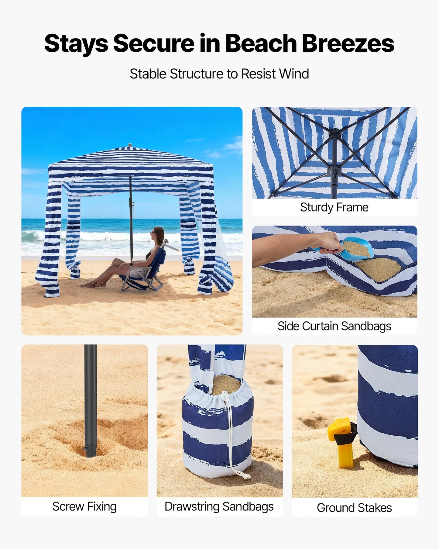 Beach Cabana, 1.83 x 1.83 m Beach Canopy with Side Wall, UPF 50+ Protection Easy Setup Cabana Tent with Sand Pockets, Portable Shade Sun Shelter Umbrella for Whole Family & Friends, Navy Stripes