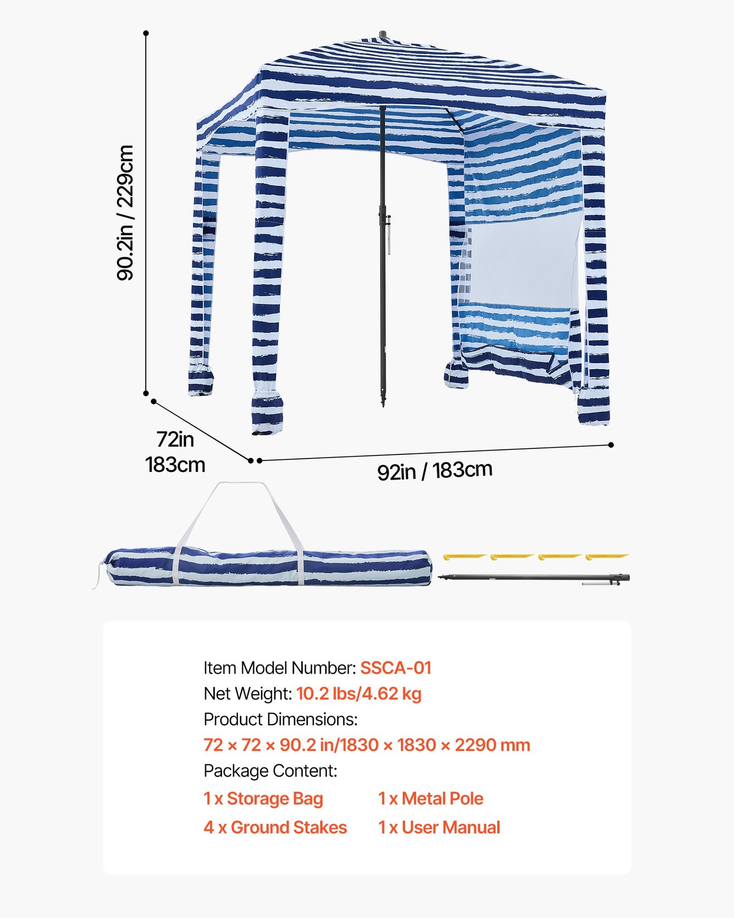 Beach Cabana, 1.83 x 1.83 m Beach Canopy with Side Wall, UPF 50+ Protection Easy Setup Cabana Tent with Sand Pockets, Portable Shade Sun Shelter Umbrella for Whole Family & Friends, Navy Stripes