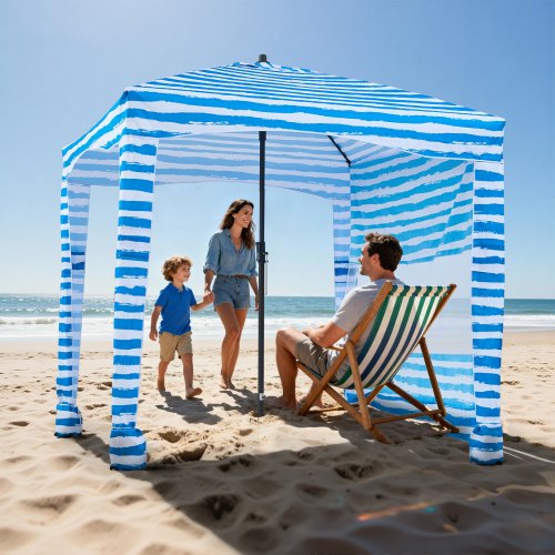 Beach Cabana, 1.83 x 1.83 m Beach Canopy with Side Wall, UPF 50+ Protection Easy Setup Cabana Tent with Sand Pockets, Portable Shade Sun Shelter Umbrella for Whole Family & Friends, Blue Stripes