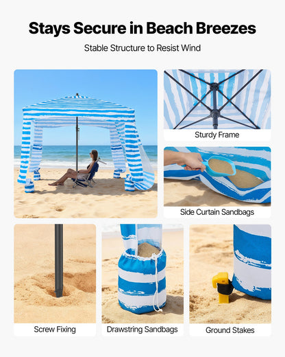 Beach Cabana, 1.83 x 1.83 m Beach Canopy with Side Wall, UPF 50+ Protection Easy Setup Cabana Tent with Sand Pockets, Portable Shade Sun Shelter Umbrella for Whole Family & Friends, Blue Stripes