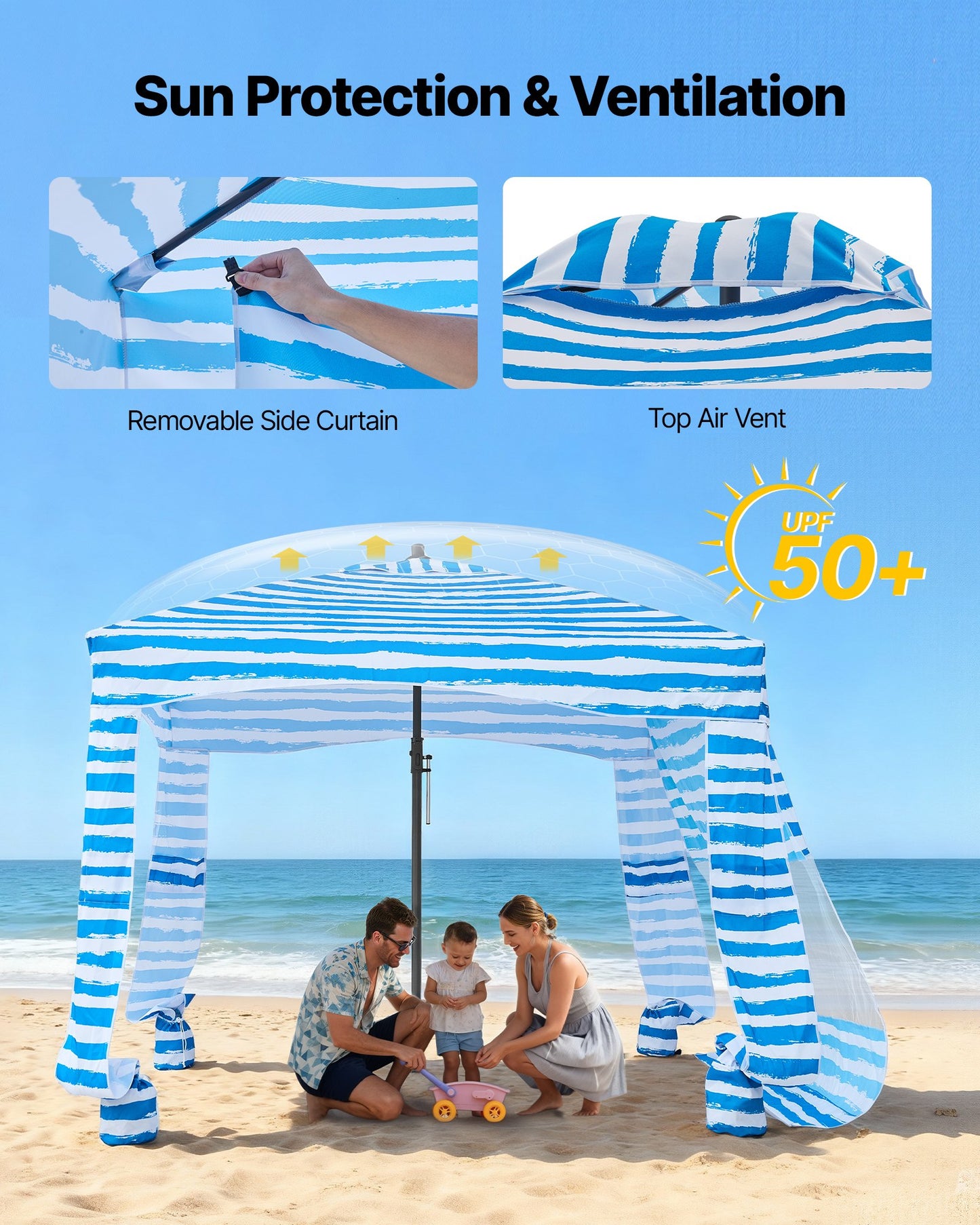 Beach Cabana, 1.83 x 1.83 m Beach Canopy with Side Wall, UPF 50+ Protection Easy Setup Cabana Tent with Sand Pockets, Portable Shade Sun Shelter Umbrella for Whole Family & Friends, Blue Stripes