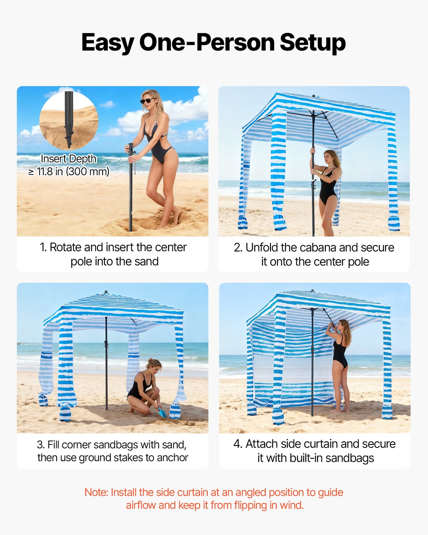 Beach Cabana, 1.83 x 1.83 m Beach Canopy with Side Wall, UPF 50+ Protection Easy Setup Cabana Tent with Sand Pockets, Portable Shade Sun Shelter Umbrella for Whole Family & Friends, Blue Stripes