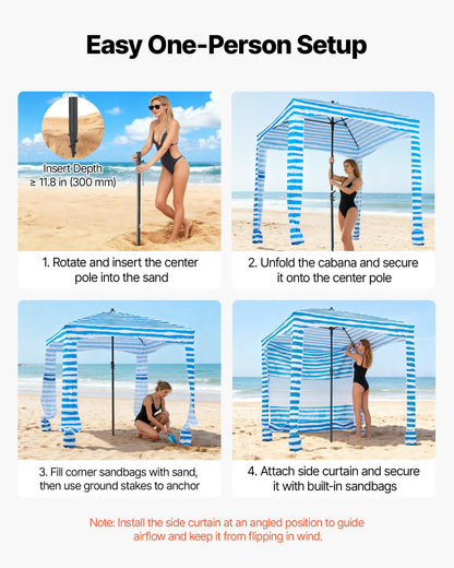Beach Cabana, 1.83 x 1.83 m Beach Canopy with Side Wall, UPF 50+ Protection Easy Setup Cabana Tent with Sand Pockets, Portable Shade Sun Shelter Umbrella for Whole Family & Friends, Blue Stripes