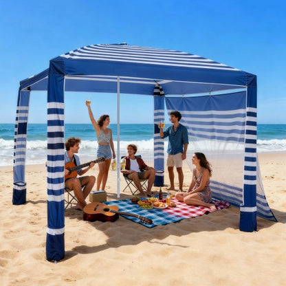 Beach Cabana, 2.4 x 2.4 m Beach Canopy with Side Wall, UPF 50+ Protection Easy Setup Cabana Tent with Sand Pockets, Adjustable Height Portable Shade Sun Shelter Umbrella for Family, Navy Stripes