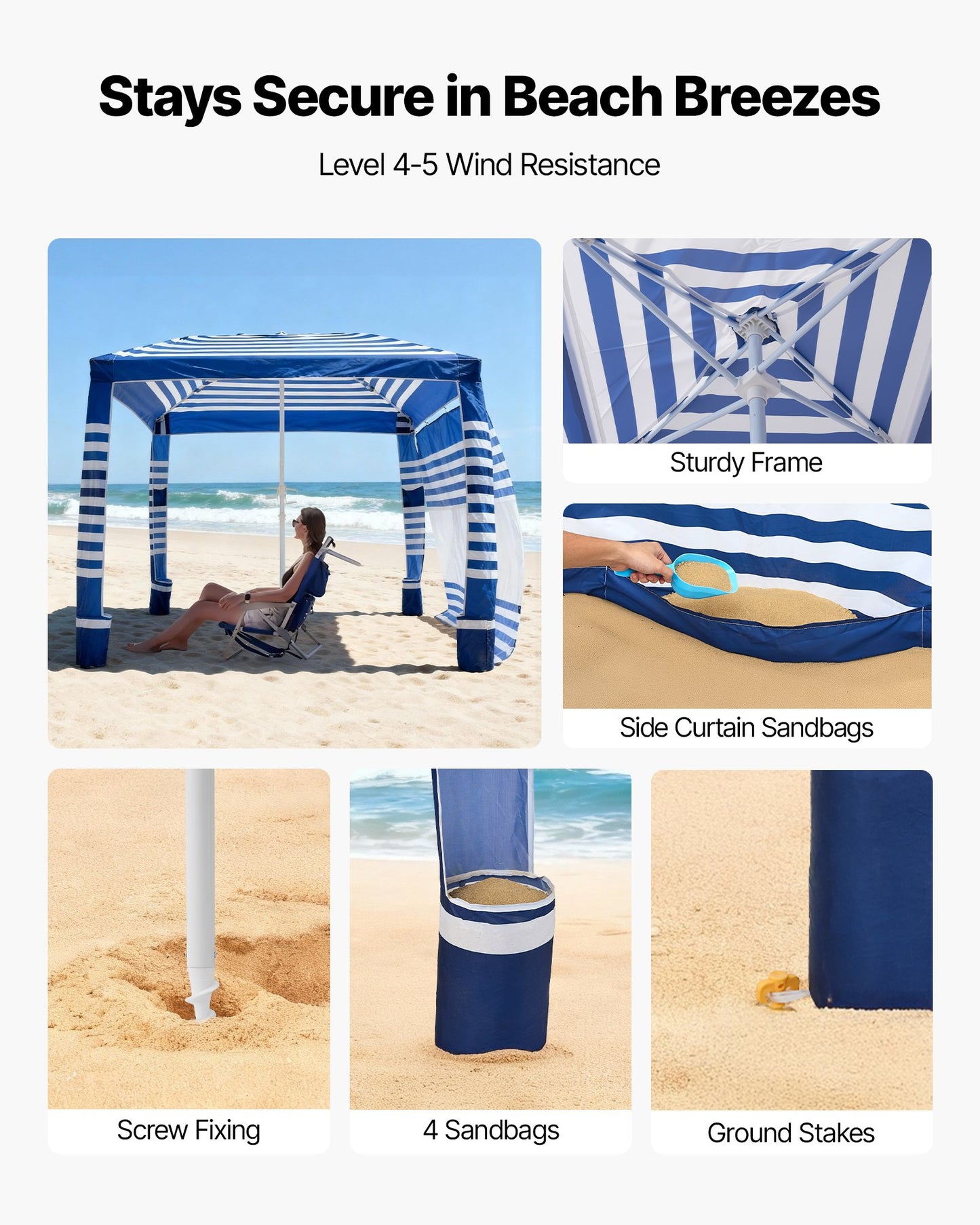 Beach Cabana, 2.4 x 2.4 m Beach Canopy with Side Wall, UPF 50+ Protection Easy Setup Cabana Tent with Sand Pockets, Adjustable Height Portable Shade Sun Shelter Umbrella for Family, Navy Stripes