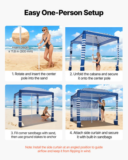Beach Cabana, 2.4 x 2.4 m Beach Canopy with Side Wall, UPF 50+ Protection Easy Setup Cabana Tent with Sand Pockets, Adjustable Height Portable Shade Sun Shelter Umbrella for Family, Navy Stripes