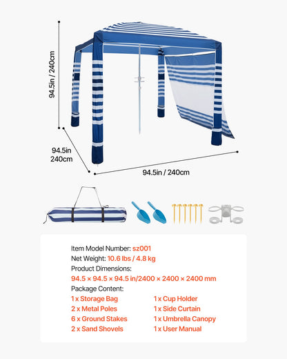 Beach Cabana, 2.4 x 2.4 m Beach Canopy with Side Wall, UPF 50+ Protection Easy Setup Cabana Tent with Sand Pockets, Adjustable Height Portable Shade Sun Shelter Umbrella for Family, Navy Stripes