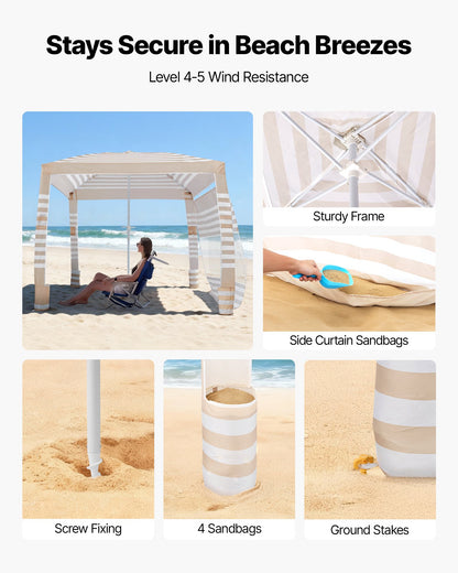 Beach Cabana, 2.4 x 2.4 m Beach Canopy with Side Wall, UPF 50+ Protection Easy Setup Cabana Tent with Sand Pockets, Adjustable Height Portable Shade Sun Shelter Umbrella for Whole Family Friends
