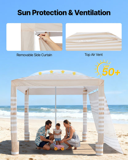 Beach Cabana, 2.4 x 2.4 m Beach Canopy with Side Wall, UPF 50+ Protection Easy Setup Cabana Tent with Sand Pockets, Adjustable Height Portable Shade Sun Shelter Umbrella for Whole Family Friends